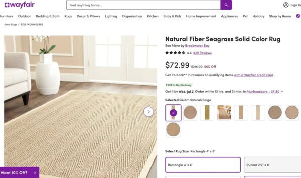 Natural Fiber Seagrass 4' x 6' Rug - Image 3
