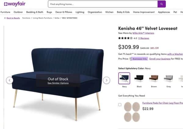 Navy Velvet Loveseat - Image 3