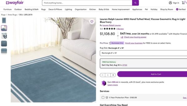 8' x 10' Ralph Lauren Wool Rug - Image 6