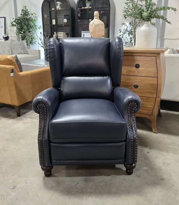Navy Genuine Leather Wingback Recliner - Image 4