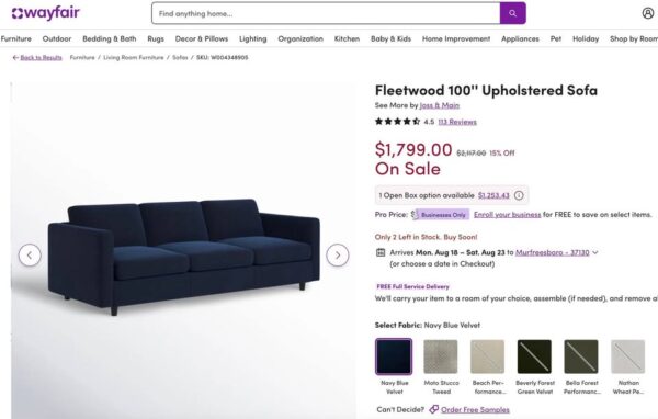 Navy Fleetwood 100" Sofa - Image 2