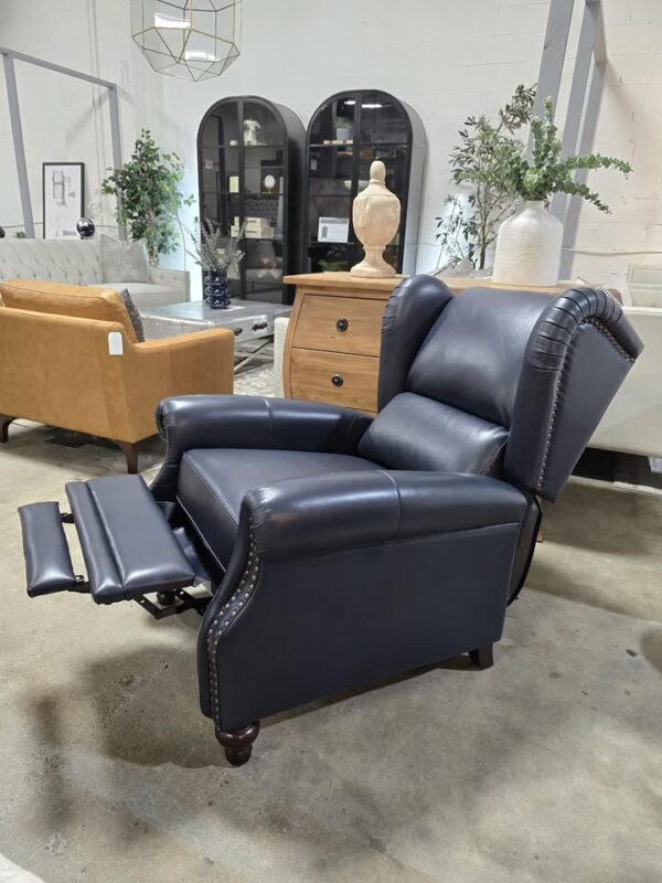 Navy Genuine Leather Wingback Recliner - Image 3