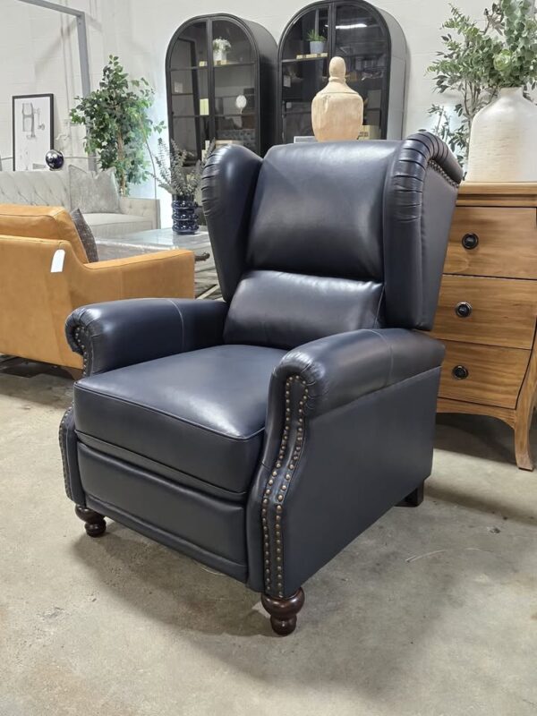 Navy Genuine Leather Wingback Recliner
