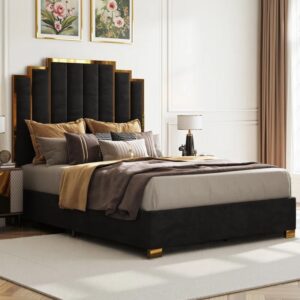 Black Queen Velvet Platform Bed