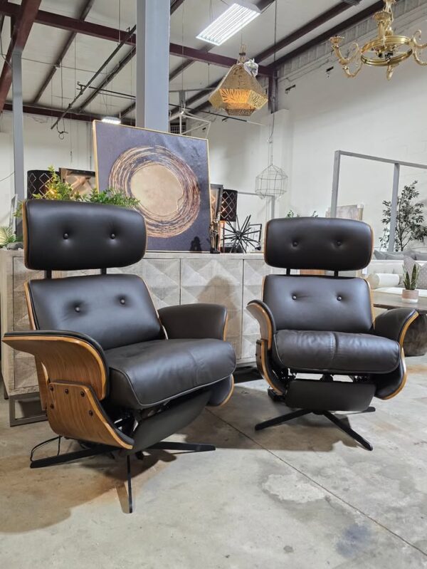 Set of 2 Genuine Leather Power Reclining Eames Style Chairs - Image 3