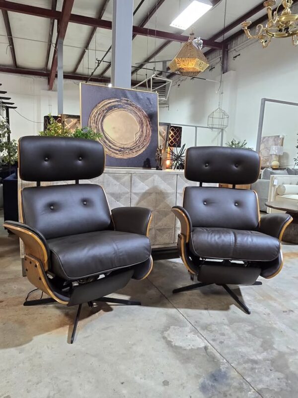 Set of 2 Genuine Leather Power Reclining Eames Style Chairs - Image 2