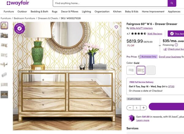 Gold 6 Drawer Mirrored Dresser - Image 5