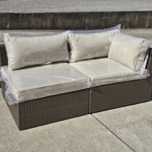 Beige Wicker Outdoor Loveseat