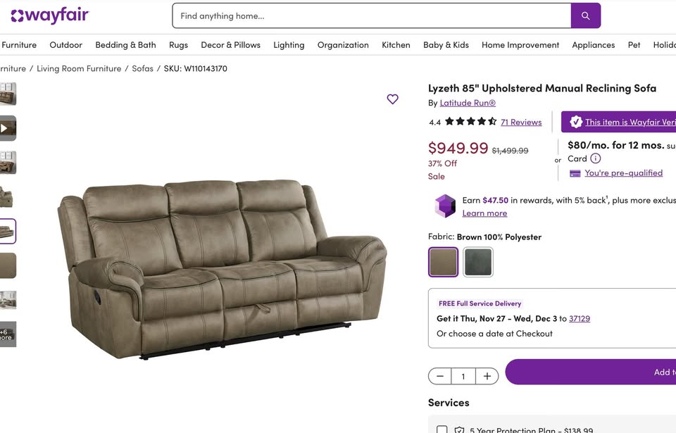 85" Upholstered Manual Reclining Sofa - Image 6