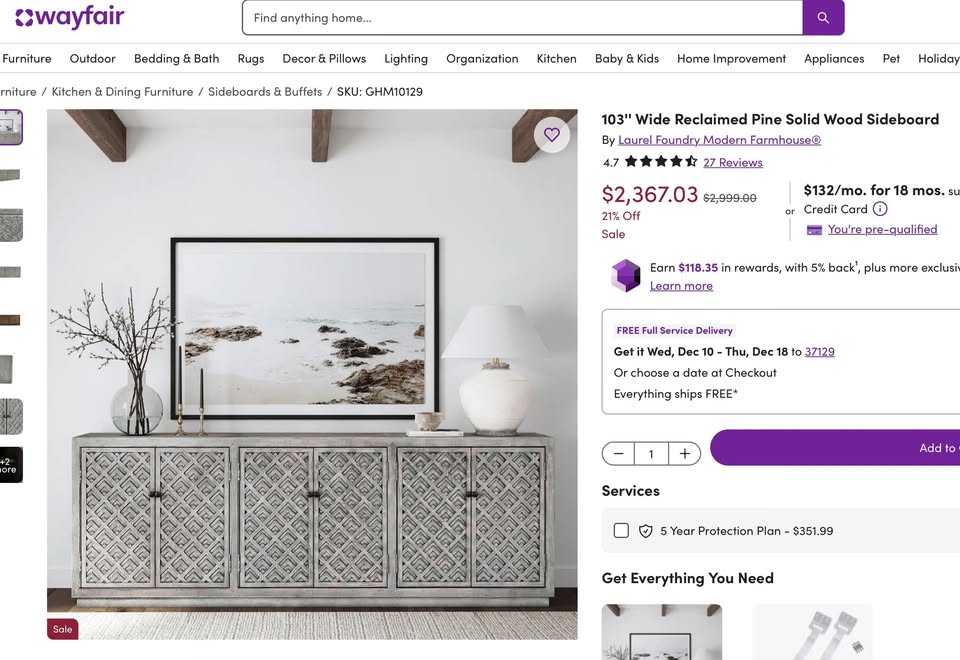 103'' Wide Reclaimed Pine Solid Wood Sideboard - Image 8