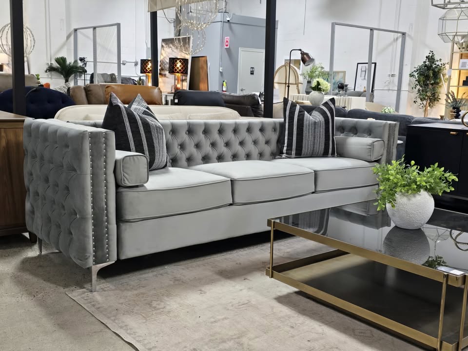 104" Grey Tufted Velvet Sofa